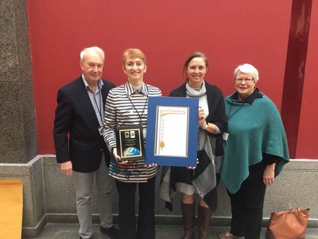  Accepting the award, from left to right: Facilities Manager Pat Cobb, Rector Rev. Licia Affer, Senior Warden Claire Davis, and Buildings & Grounds committee member Merrill Ellis. 